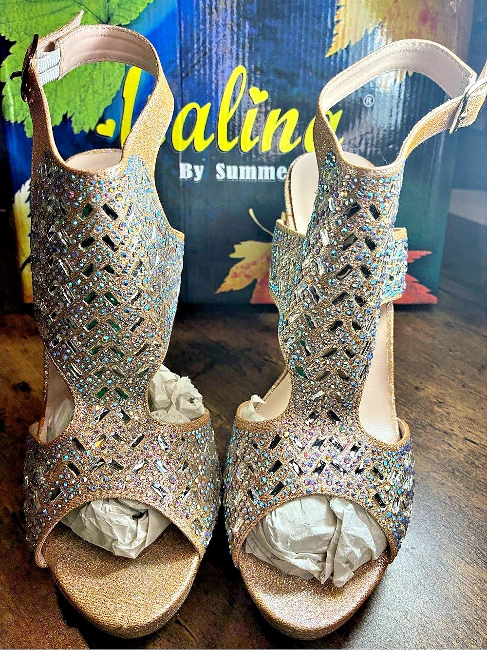 Italina Embellished Strappy Heels in Gold, Glitter, Rhinestones Silver US 9